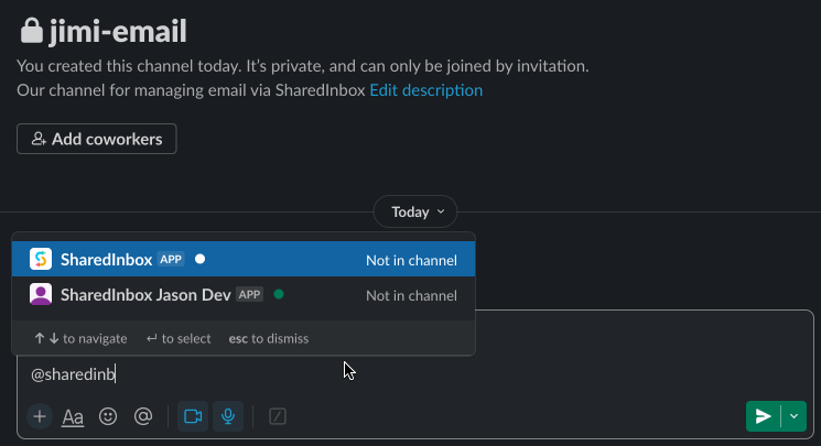 Inviting SharedInbox app to a private channel