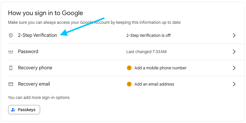 Signing into Google options